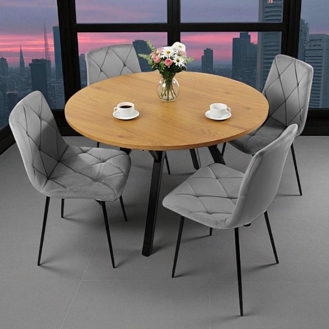 STÓŁ OKRĄGŁY 100 CM + 4 KRZESŁA WELUROWE SZARE DO JADALNI SALONU LOFT