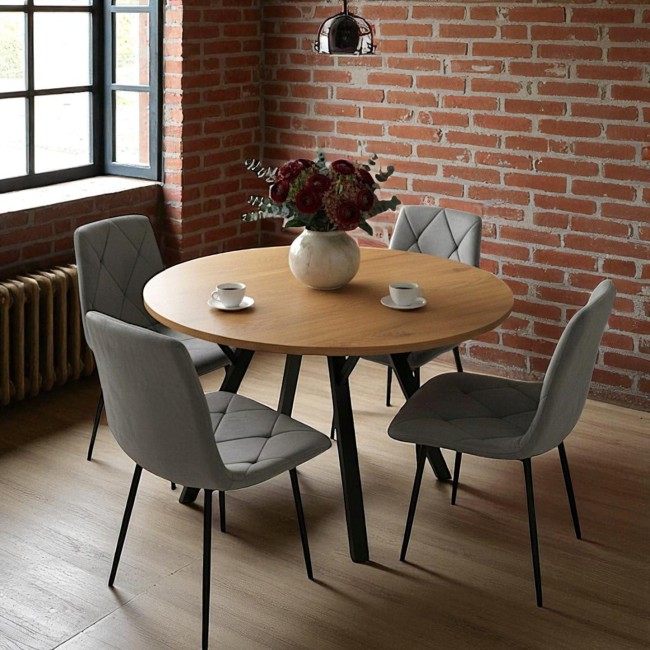 STÓŁ OKRĄGŁY 100 CM + 4 KRZESŁA WELUROWE SZARE DO JADALNI SALONU LOFT