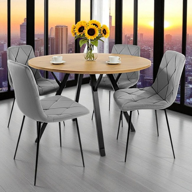 STÓŁ OKRĄGŁY 100 CM + 4 KRZESŁA WELUROWE SZARE DO JADALNI SALONU LOFT