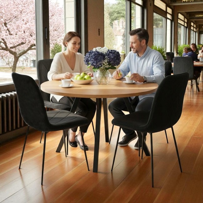 STÓŁ OKRĄGŁY 100 CM + 4 KRZESŁA WELUROWE CZARNE DO JADALNI SALONU LOFT