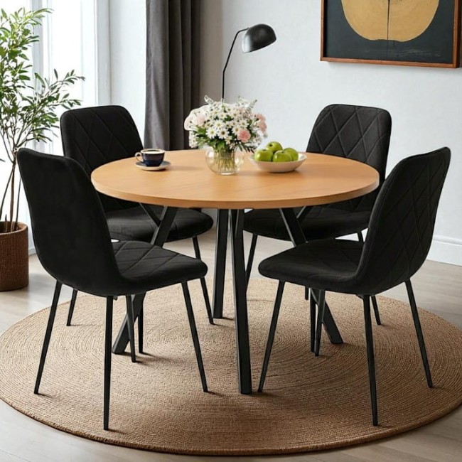 STÓŁ OKRĄGŁY 100 CM + 4 KRZESŁA WELUROWE CZARNE DO JADALNI SALONU LOFT