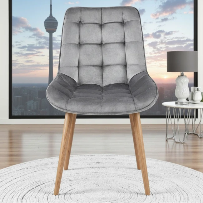 Nowoczesne kubełkowe welurowe krzesło w kolorze szarym w kwadraty Premium